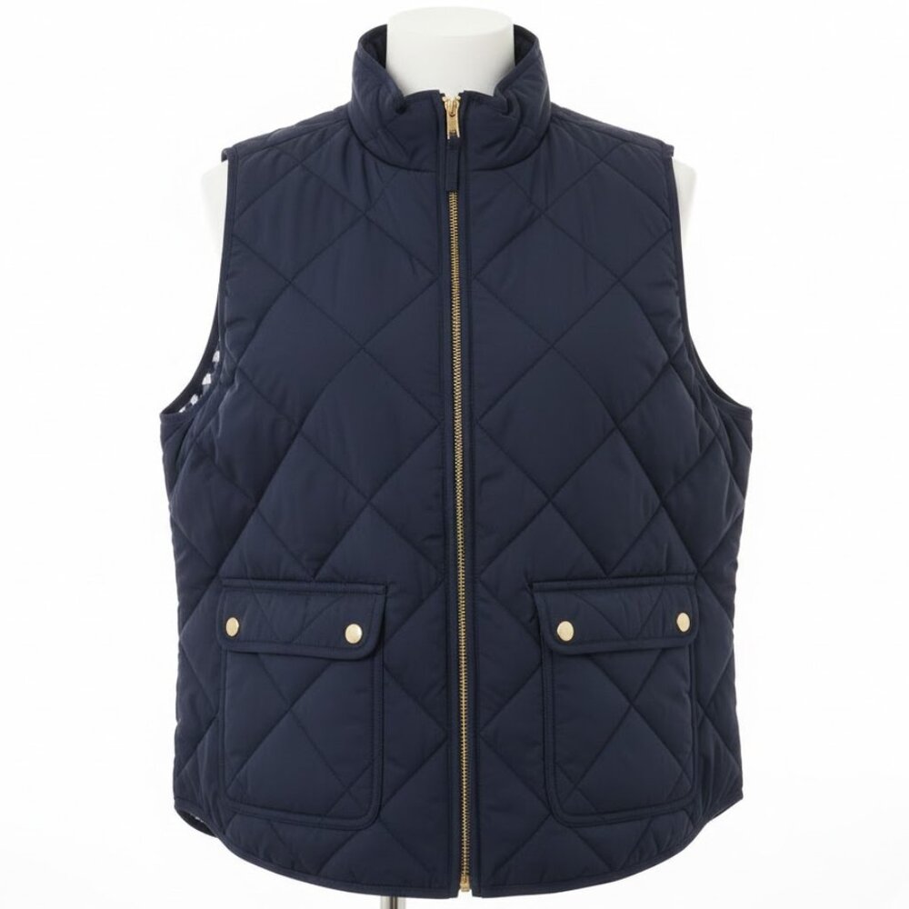 J. Crew Navy Quilted Vest with Gold Details